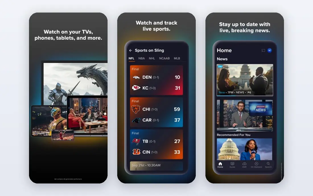 Sling TV app screenshots